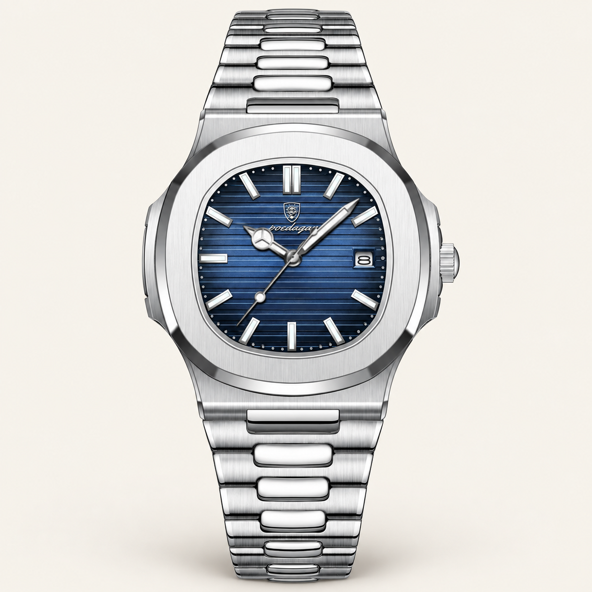 Poedagar 613 watch, silver bracelet and blue dial, front view on ivory background