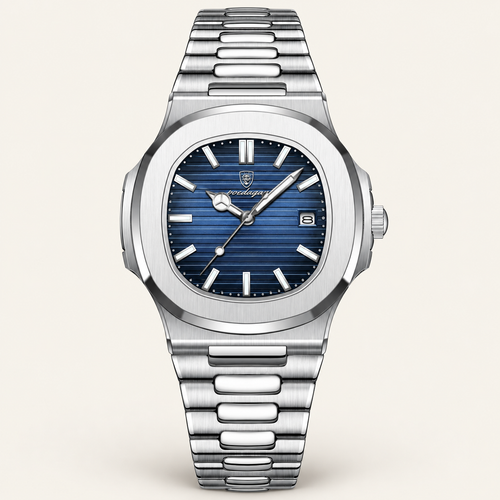 Poedagar 613 watch, silver bracelet and blue dial, front view on ivory background