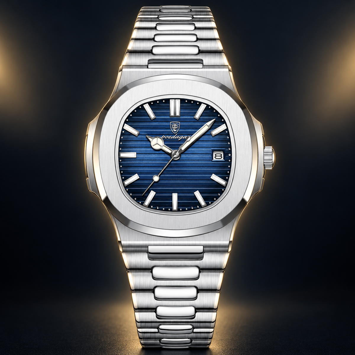 Poedagar 613 watch, silver bracelet and blue dial, front view on dark background
