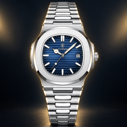 Poedagar 613 watch, silver bracelet and blue dial, front view on dark background