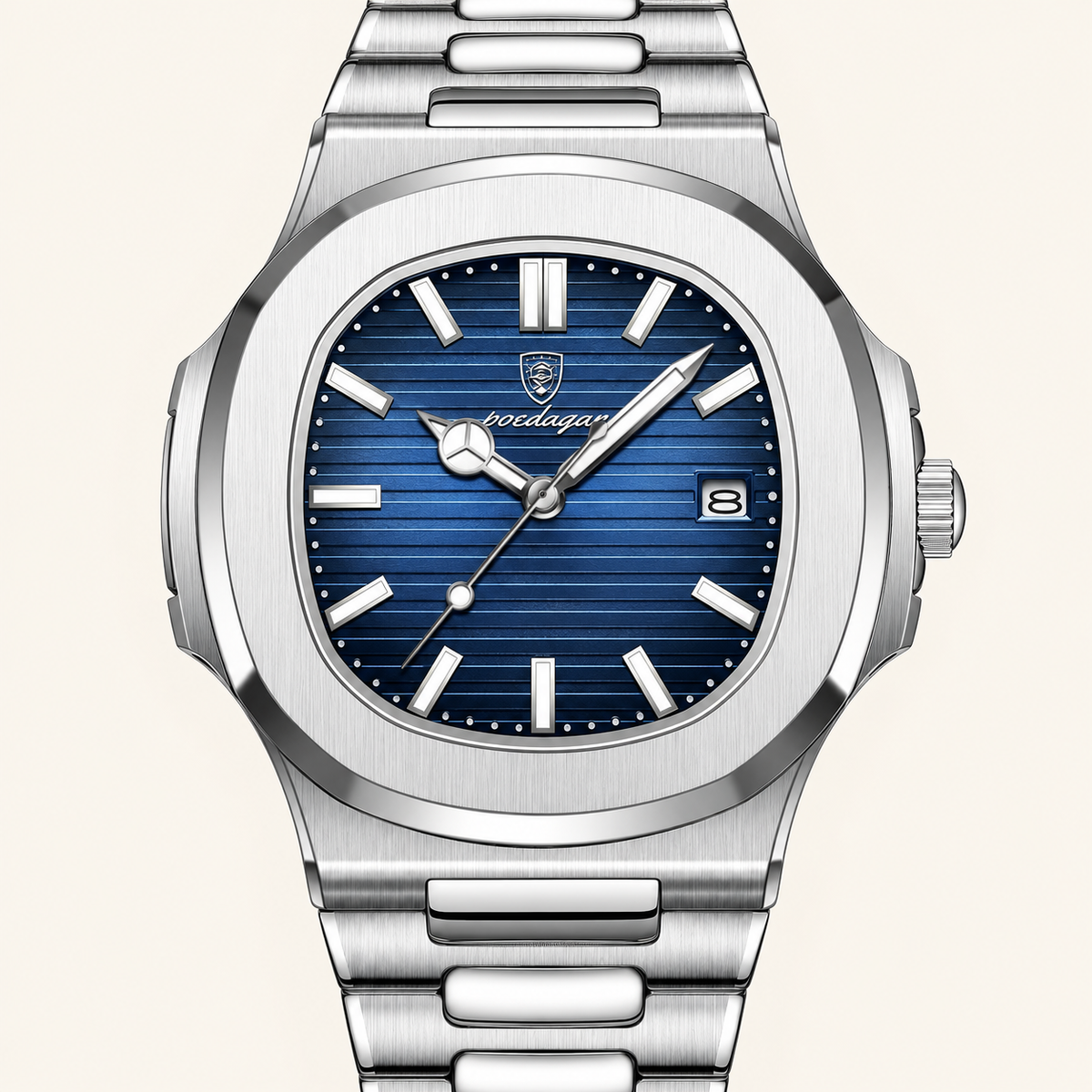 Poedagar 613 watch, silver bracelet and blue dial, dial and case detail