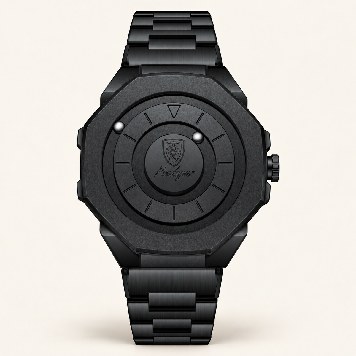Poedagar 670 watch, black case and bracelet with steel ball indicators, front view on ivory background