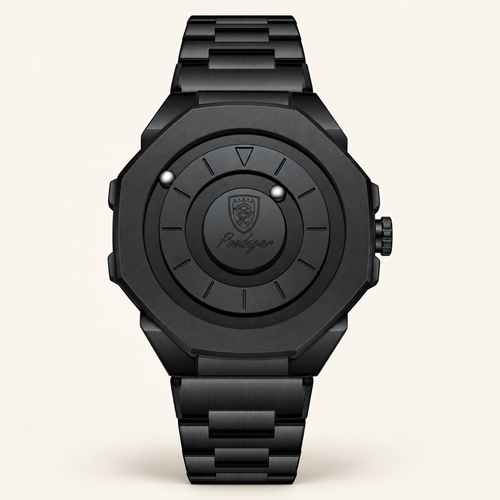 Poedagar 670 watch, black case and bracelet with steel ball indicators, front view on ivory background