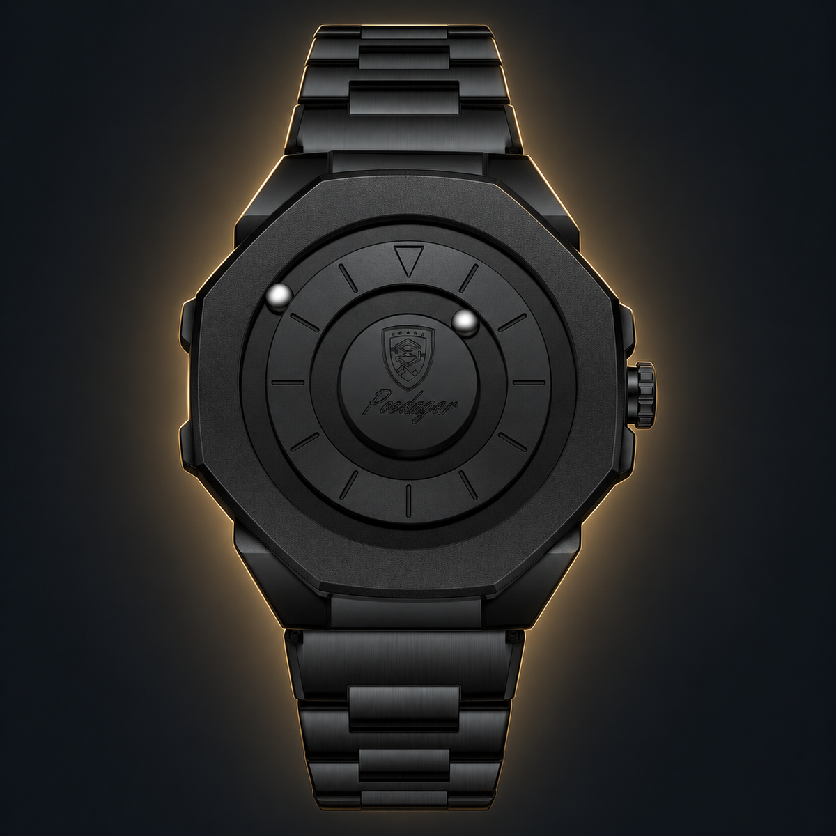 Poedagar 670 watch, black case and bracelet with steel ball indicators, front view on dark background