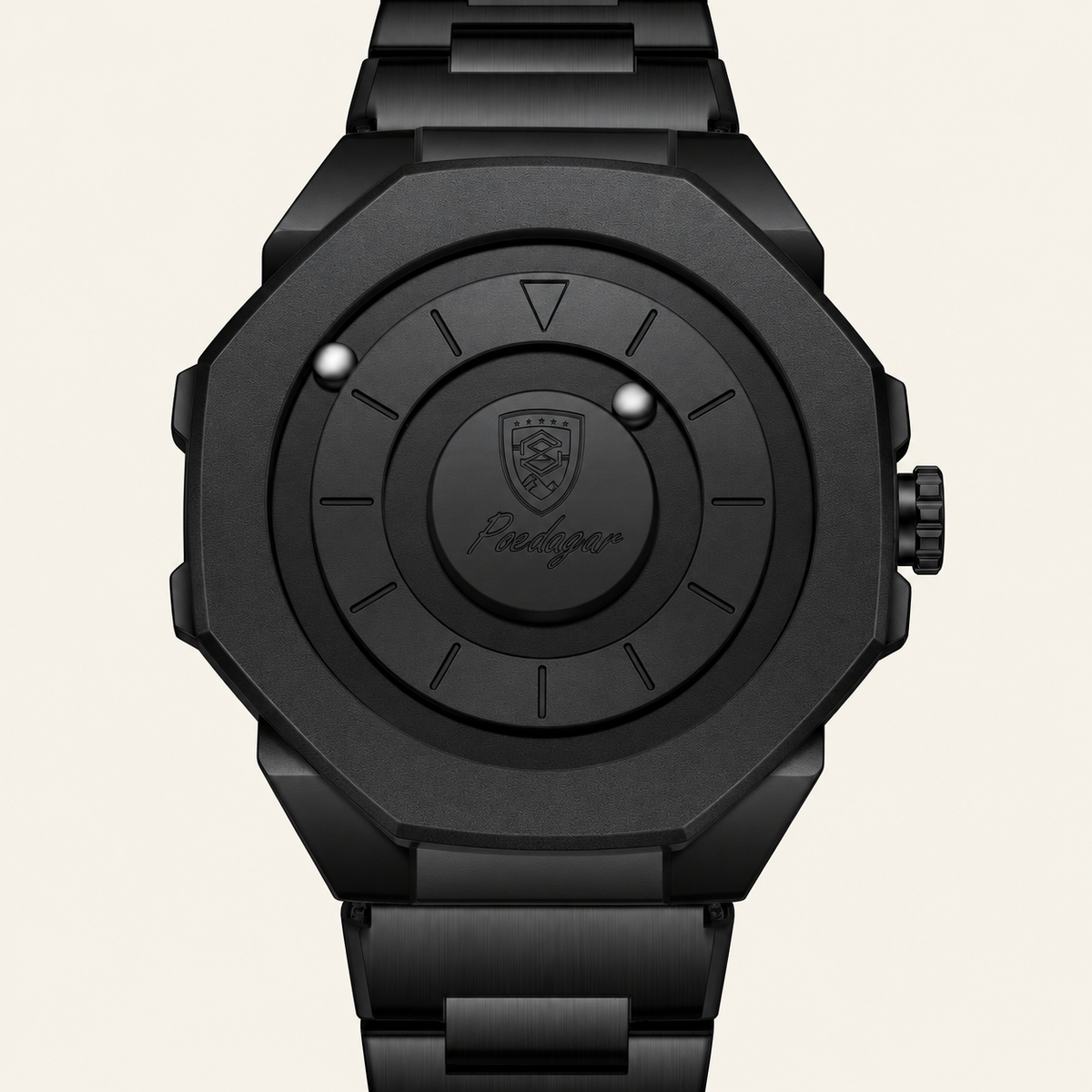 Poedagar 670 watch, black case and bracelet with steel ball indicators, dial and case detail
