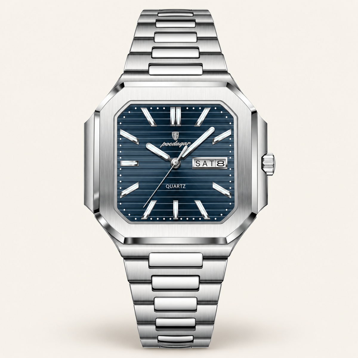Poedagar 672 watch, silver bracelet and blue day-date dial, front view on ivory background