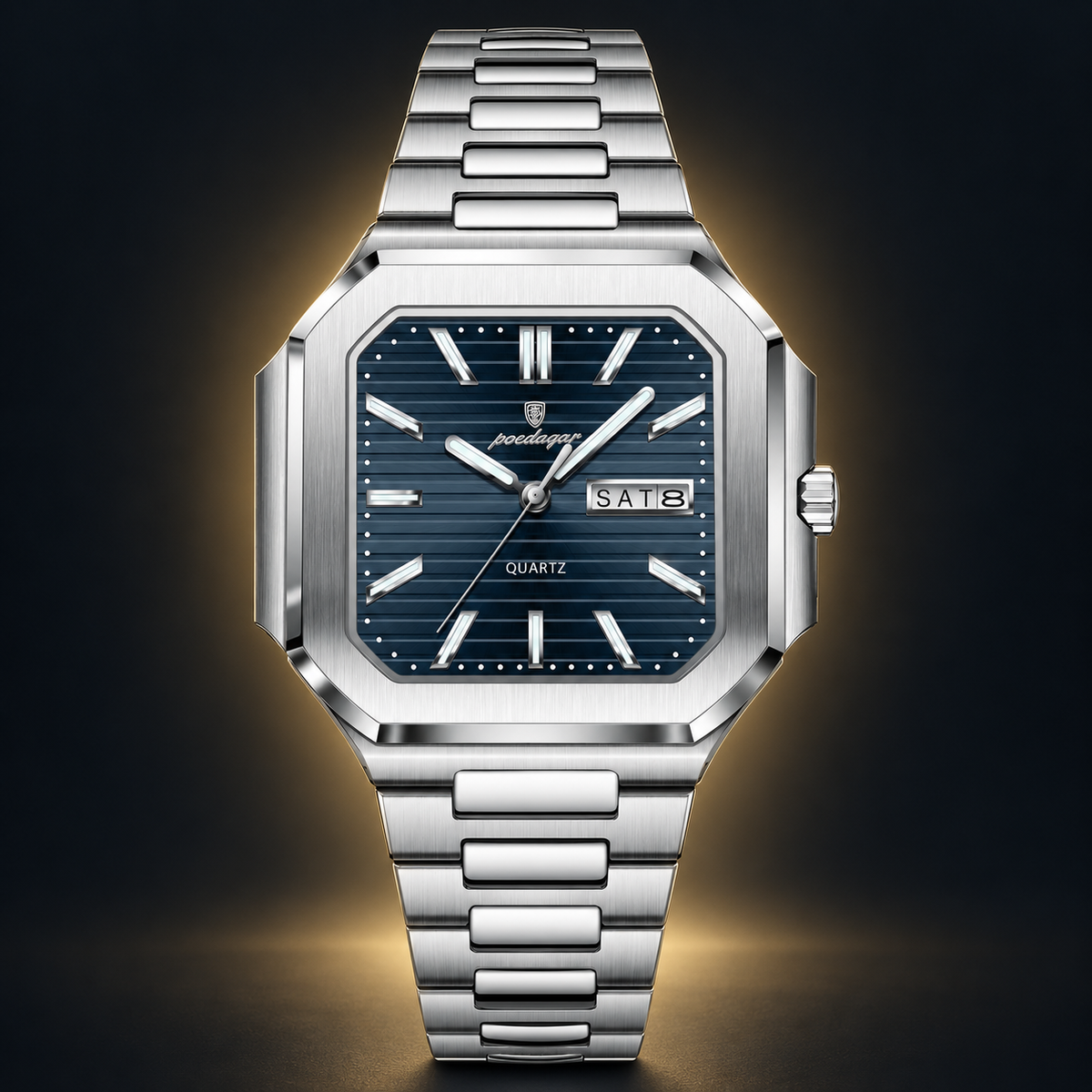Poedagar 672 watch, silver bracelet and blue day-date dial, front view on dark background
