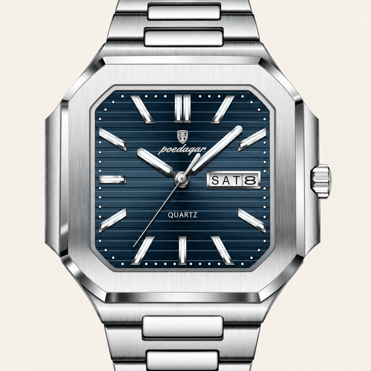 Poedagar 672 watch, silver bracelet and blue day-date dial, dial and case detail