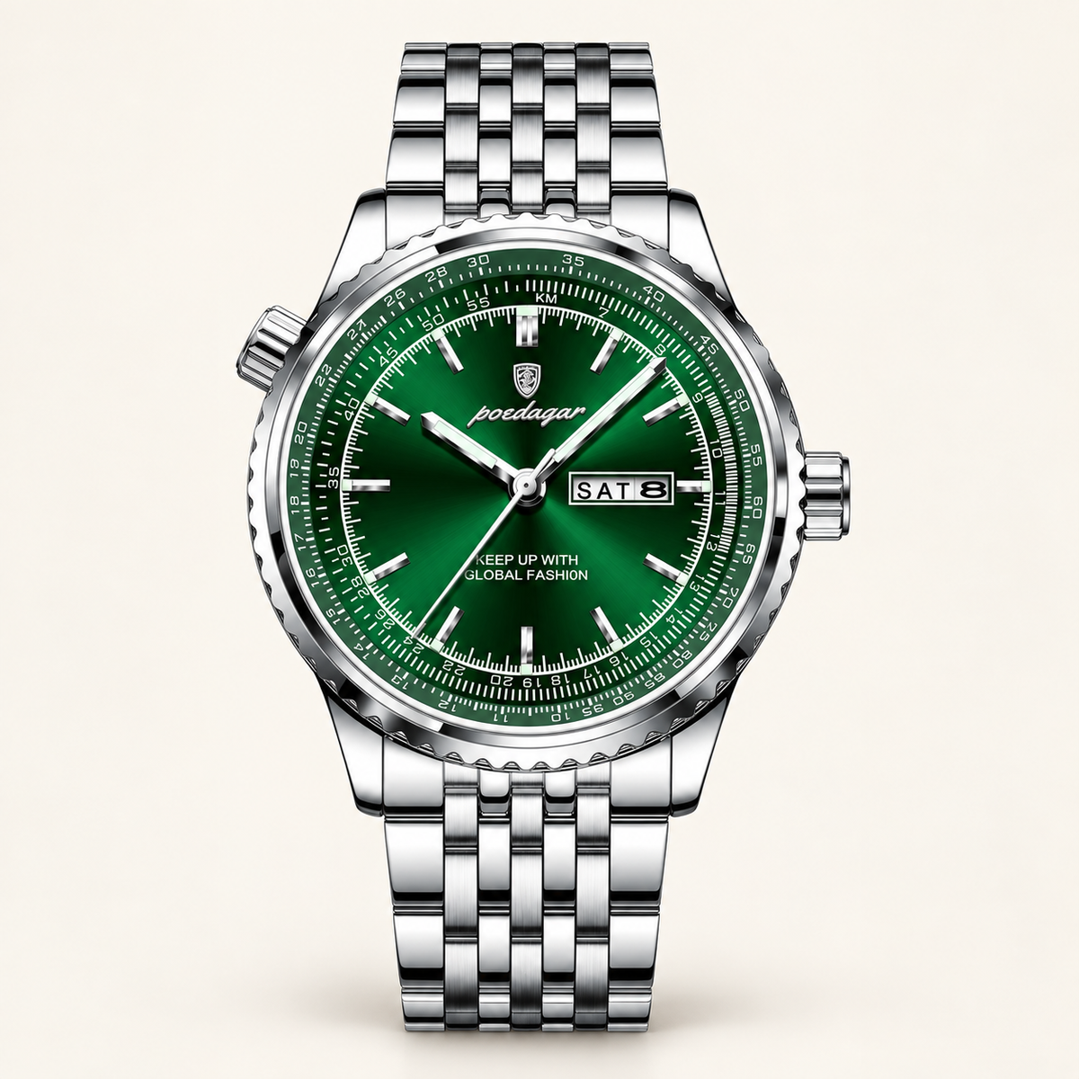 Poedagar 673 watch, silver bracelet and green day-date dial, front view on ivory background