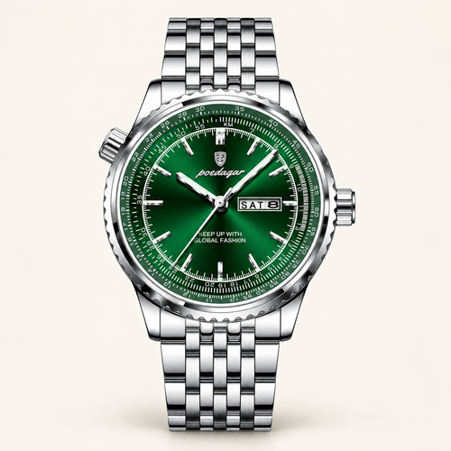 Poedagar 673 watch, silver bracelet and green day-date dial, front view on ivory background