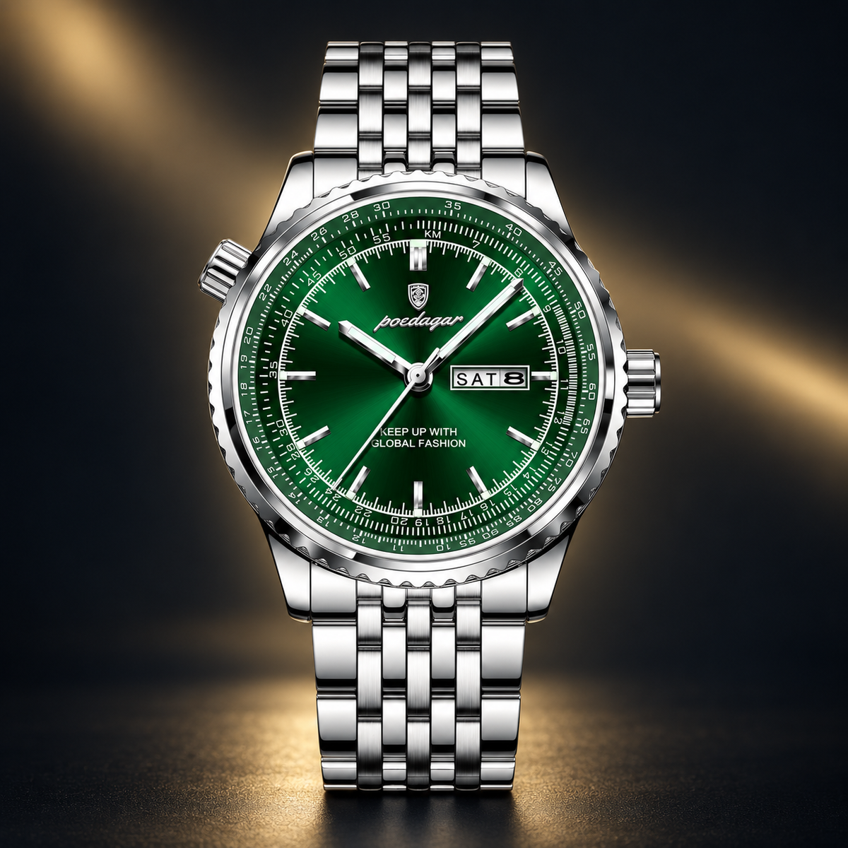 Poedagar 673 watch, silver bracelet and green day-date dial, front view on dark background