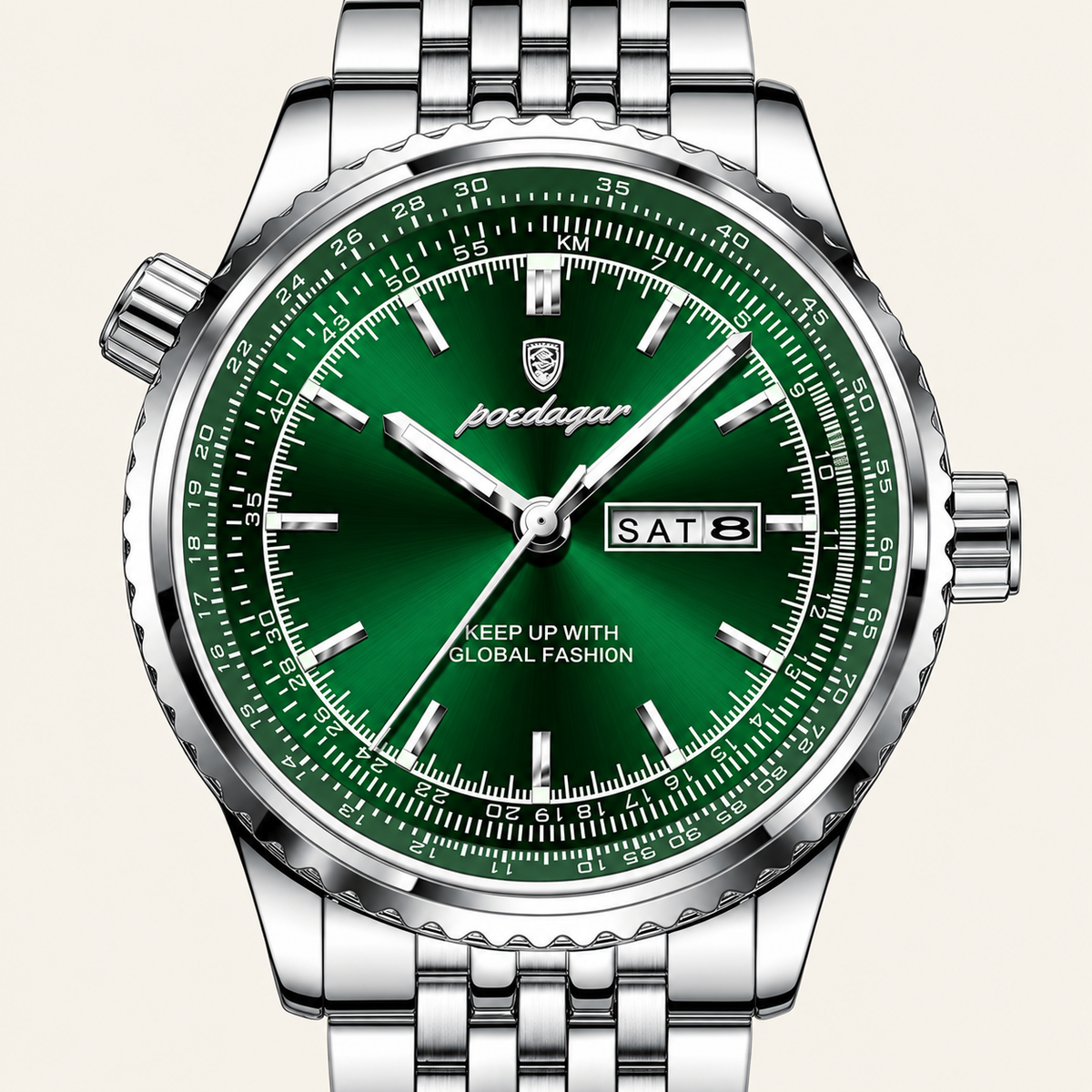 Poedagar 673 watch, silver bracelet and green day-date dial, dial and case detail