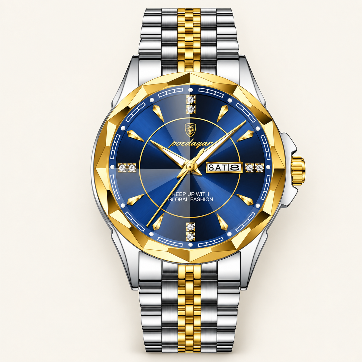 Poedagar 674 watch, two-tone silver and gold bracelet and blue dial, front view on ivory background