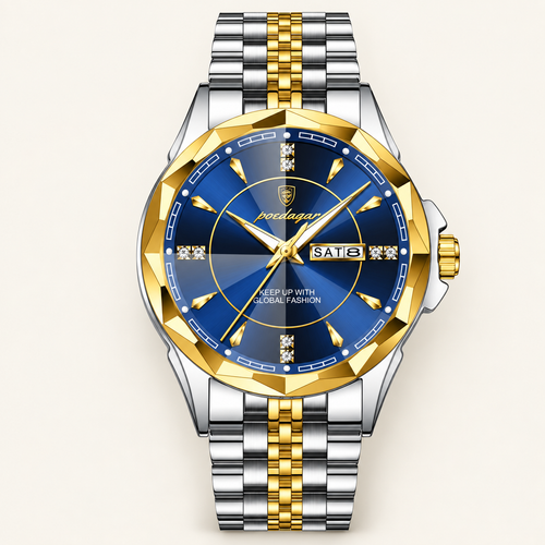 Poedagar 674 watch, two-tone silver and gold bracelet and blue dial, front view on ivory background