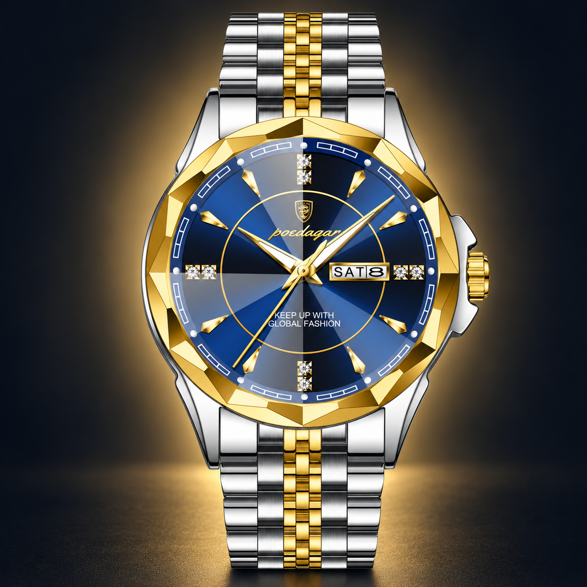 Poedagar 674 watch, two-tone silver and gold bracelet and blue dial, front view on dark background