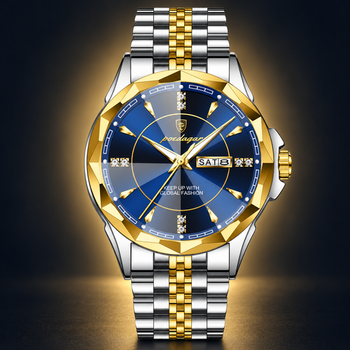 Poedagar 674 watch, two-tone silver and gold bracelet and blue dial, front view on dark background