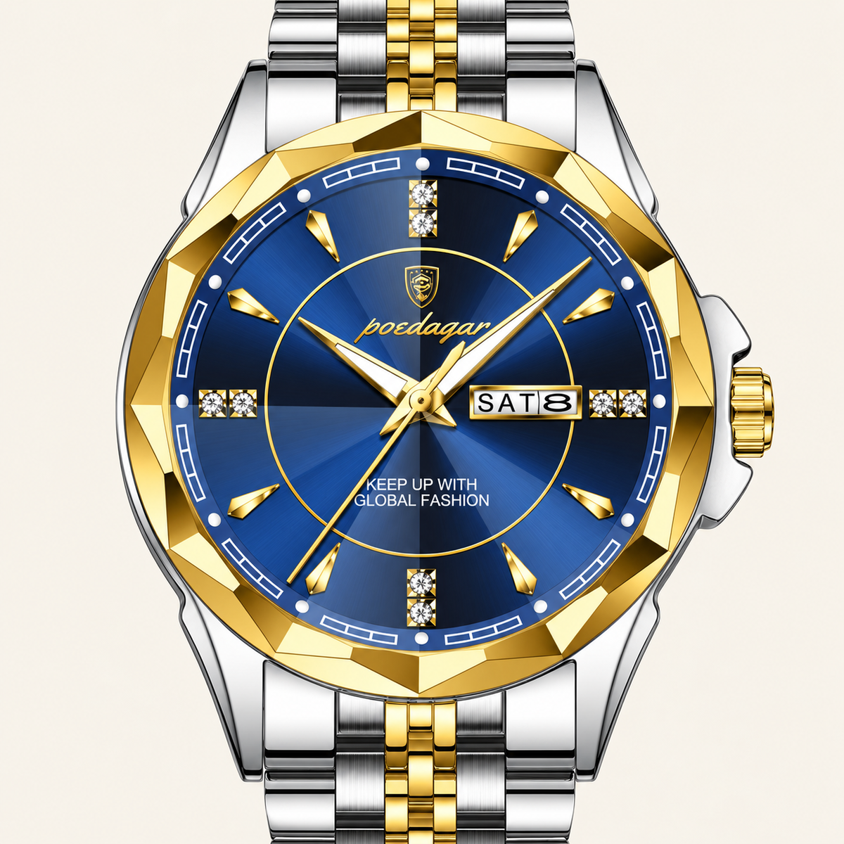 Poedagar 674 watch, two-tone silver and gold bracelet and blue dial, dial and case detail