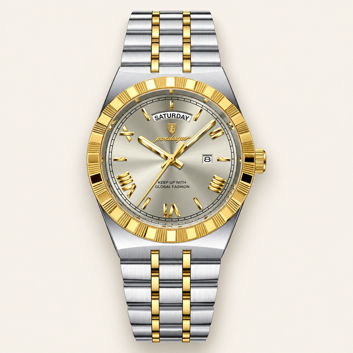 Poedagar 675 watch, two-tone silver and gold bracelet and grey dial, front view on ivory background