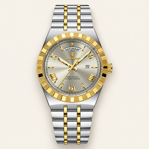 Poedagar 675 watch, two-tone silver and gold bracelet and grey dial, front view on ivory background