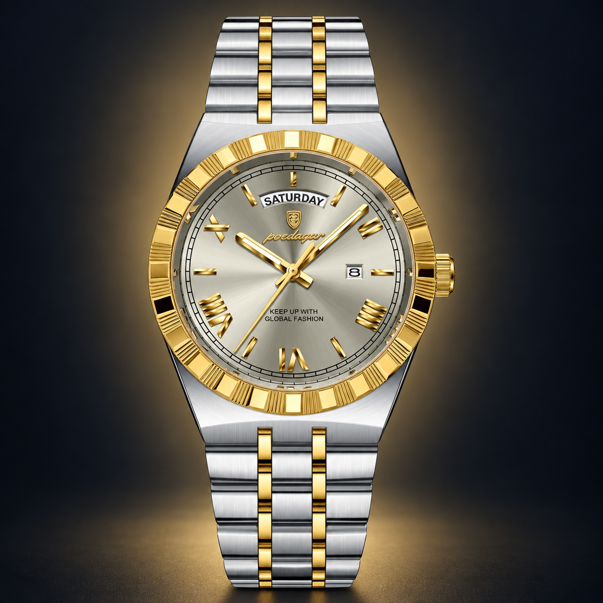 Poedagar 675 watch, two-tone silver and gold bracelet and grey dial, front view on dark background
