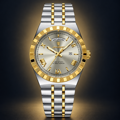 Poedagar 675 watch, two-tone silver and gold bracelet and grey dial, front view on dark background