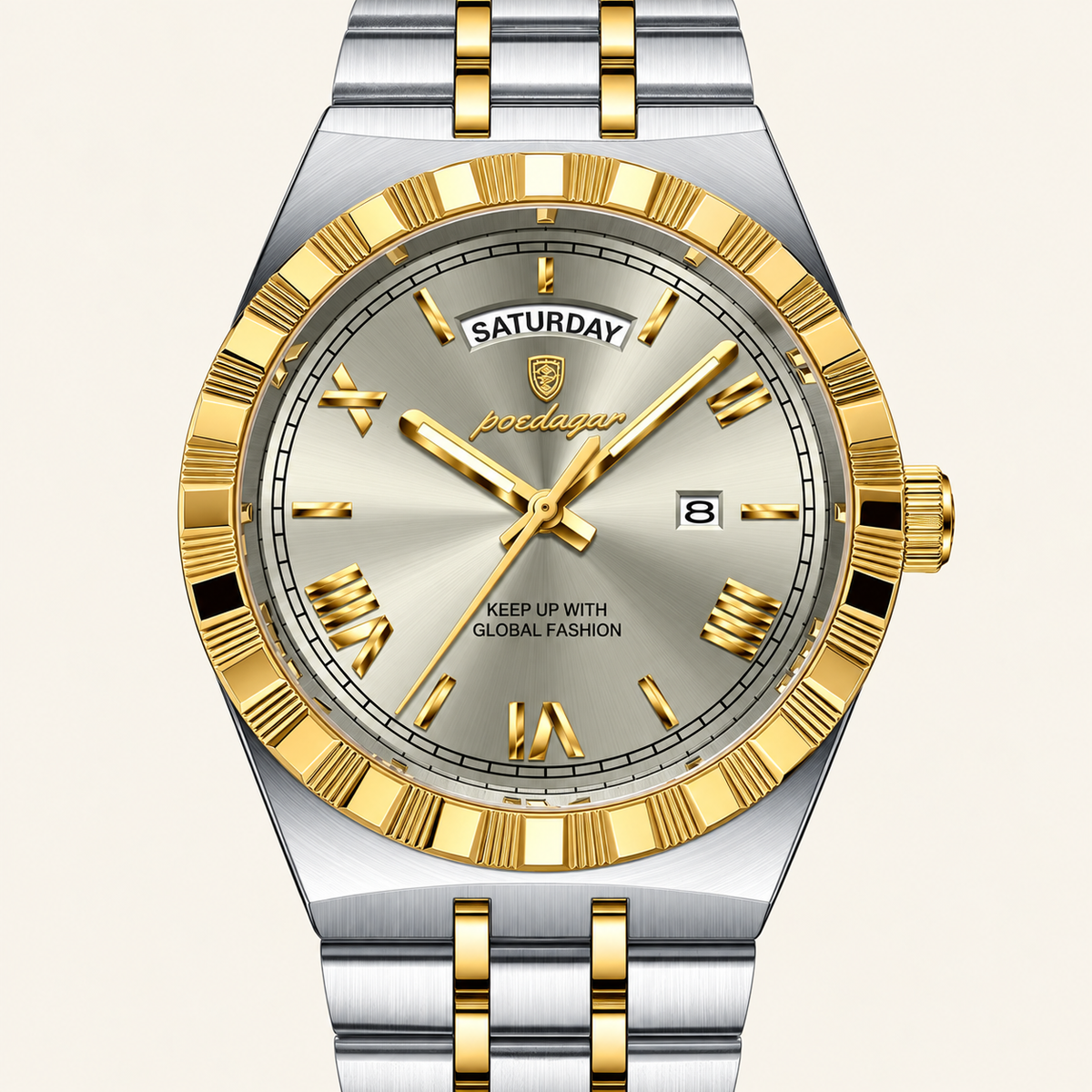 Poedagar 675 watch, two-tone silver and gold bracelet and grey dial, dial and case detail