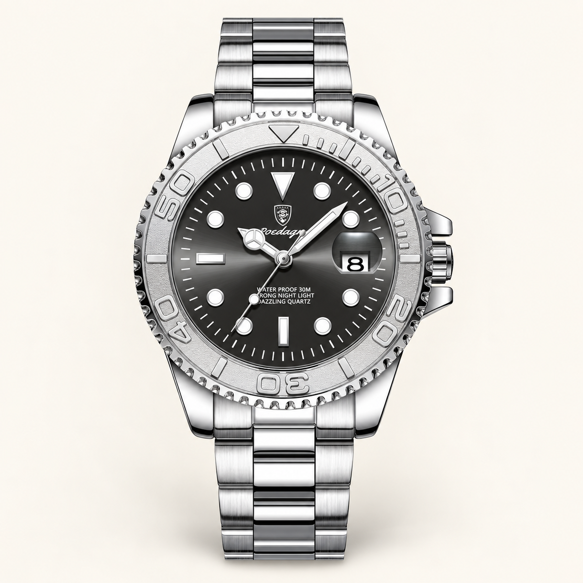 Poedagar 680 watch, silver bracelet and grey dial, front view on ivory background