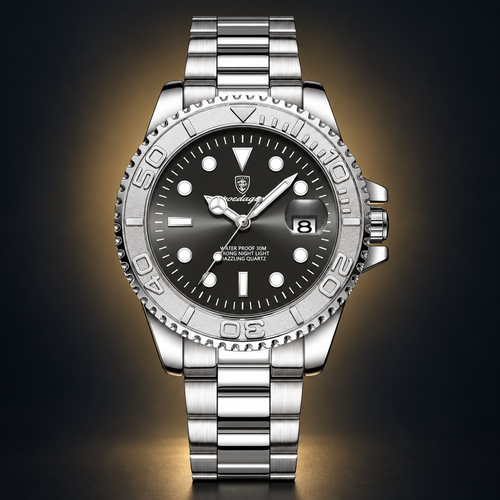 Poedagar 680 watch, silver bracelet and grey dial, front view on dark background