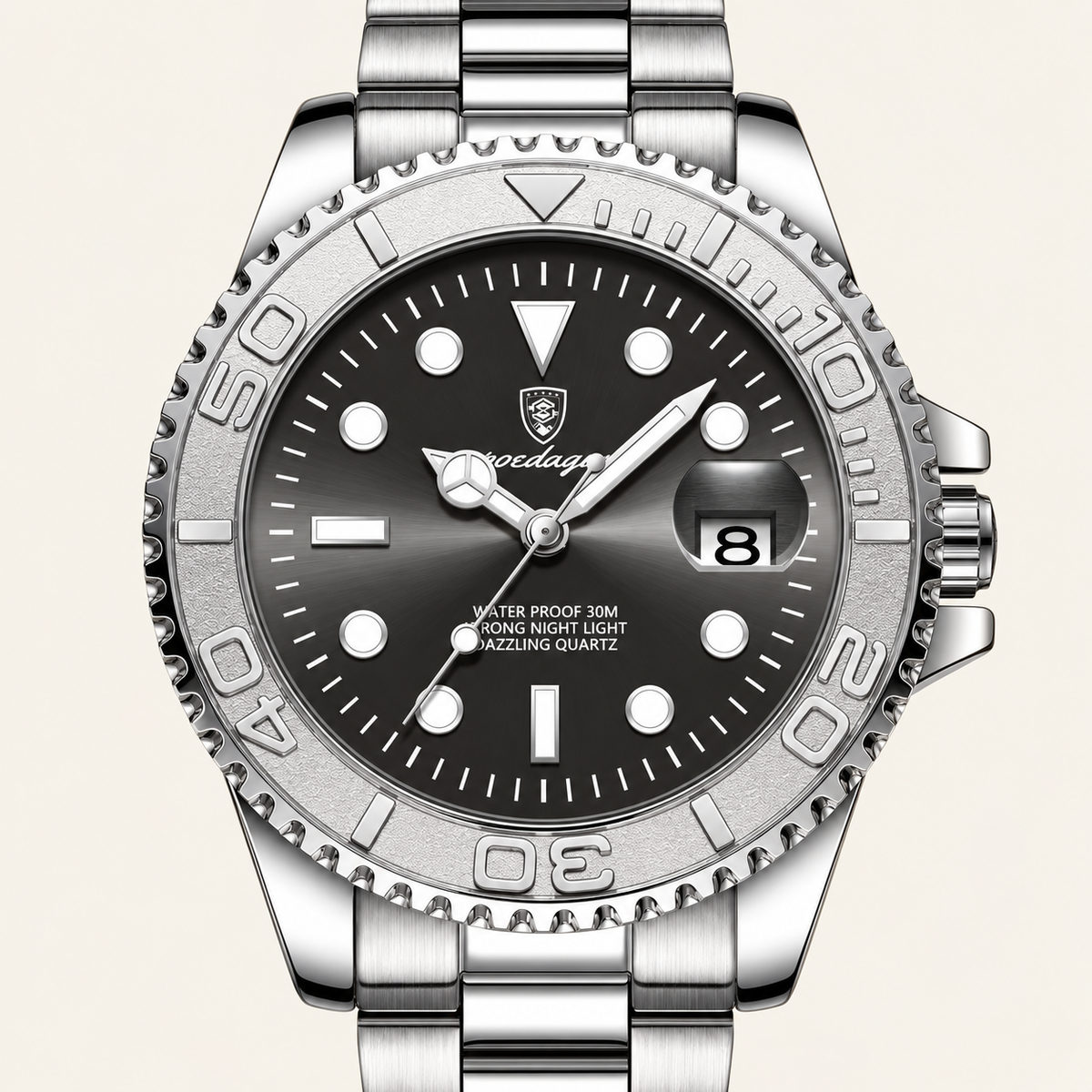Poedagar 680 watch, silver bracelet and grey dial, dial and case detail