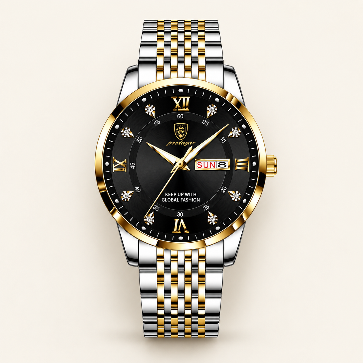 Poedagar 836 watch, two-tone silver and gold bracelet and black dial, front view on ivory background