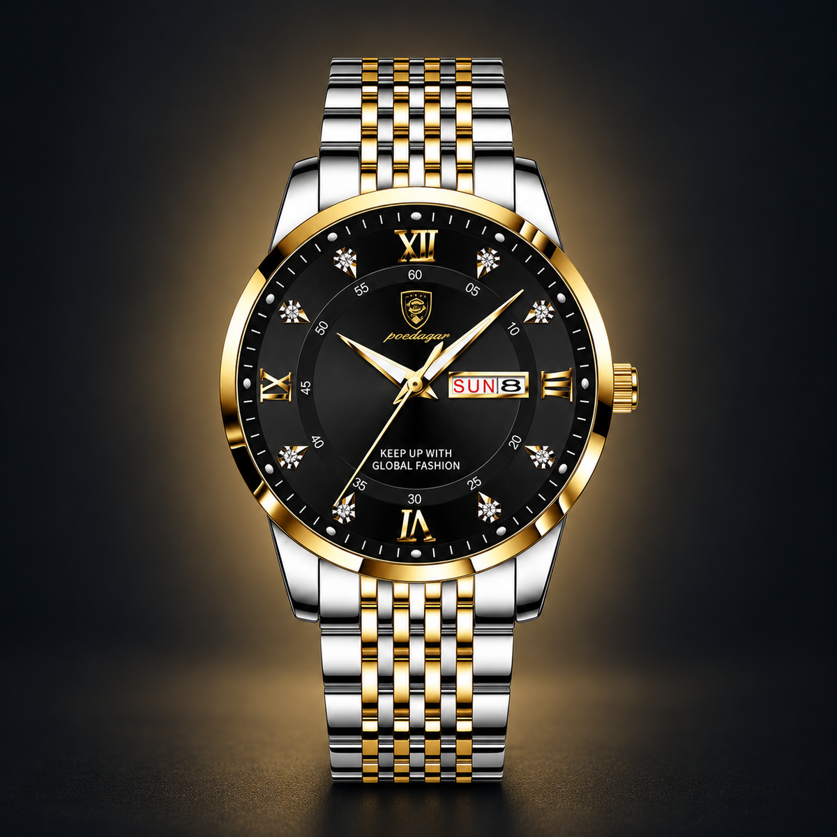 Poedagar 836 watch, two-tone silver and gold bracelet and black dial, front view on dark background