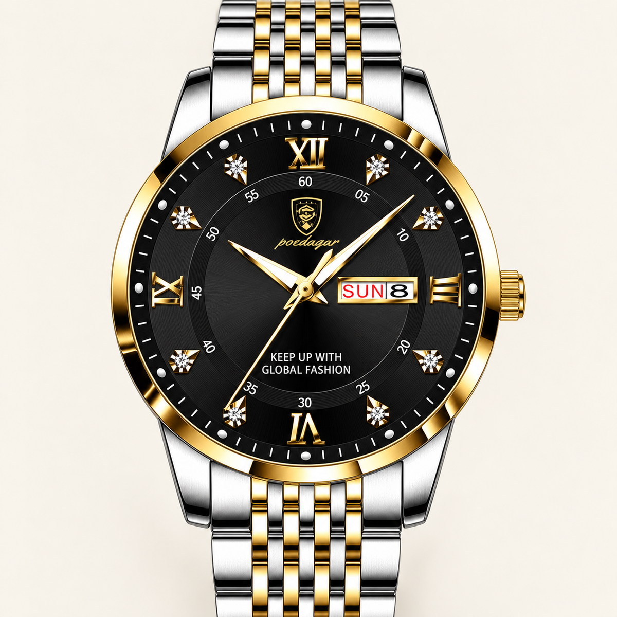 Poedagar 836 watch, two-tone silver and gold bracelet and black dial, dial and case detail