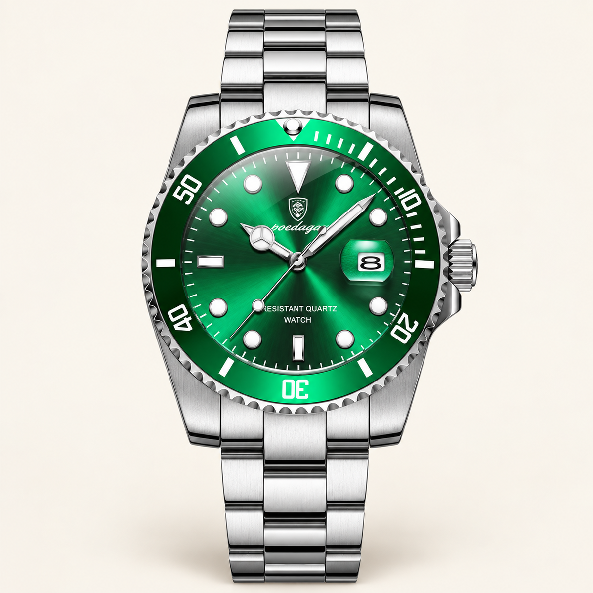 Poedagar 901 watch, silver bracelet, green bezel and green dial, front view on ivory background