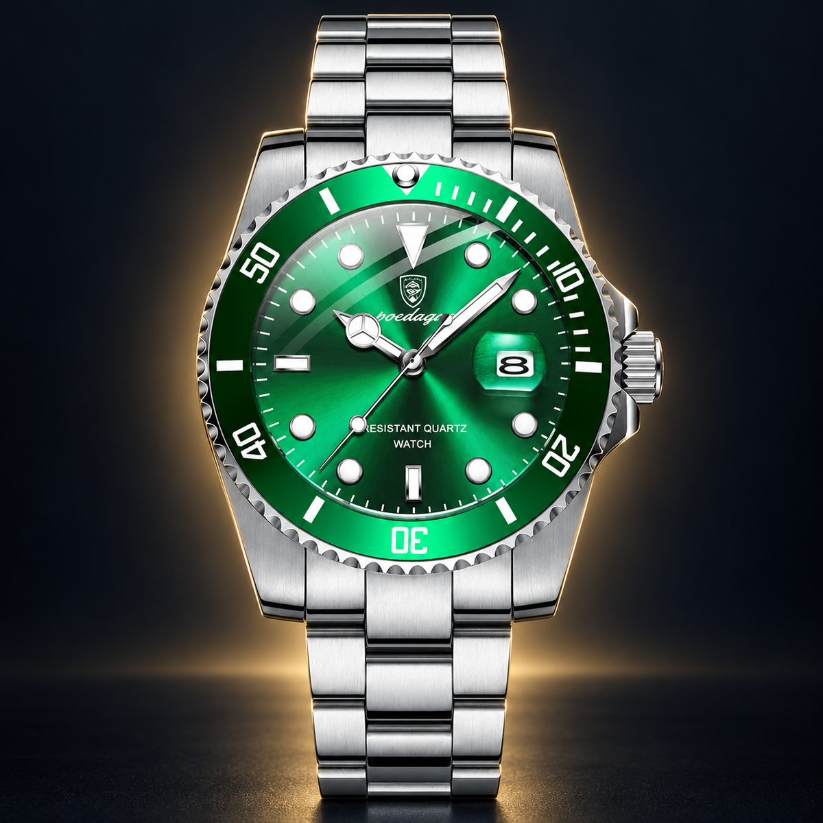 Poedagar 901 watch, silver bracelet, green bezel and green dial, front view on dark background