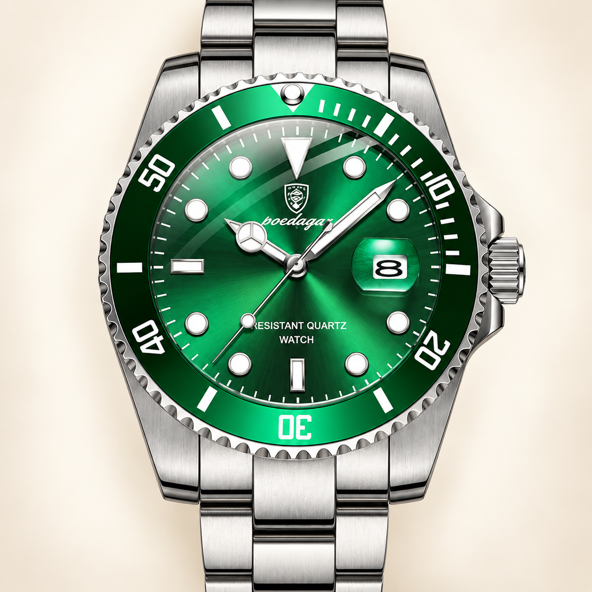 Poedagar 901 watch, silver bracelet, green bezel and green dial, dial and case detail