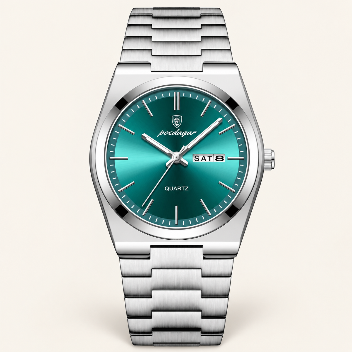 Poedagar 930 watch, silver bracelet and green day-date dial, front view on ivory background