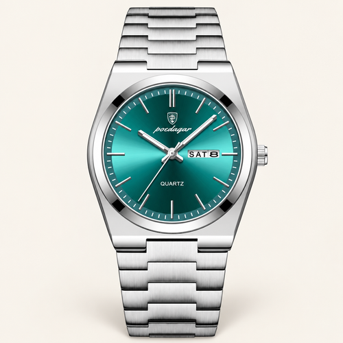Poedagar 930 watch, silver bracelet and green day-date dial, front view on ivory background