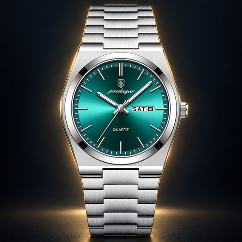 Poedagar 930 watch, silver bracelet and green day-date dial, front view on dark background