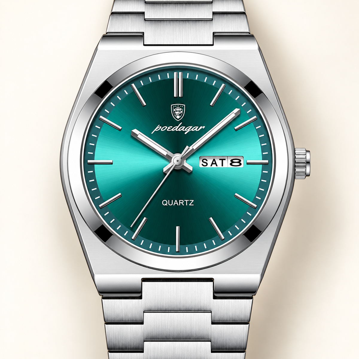 Poedagar 930 watch, silver bracelet and green day-date dial, dial and case detail